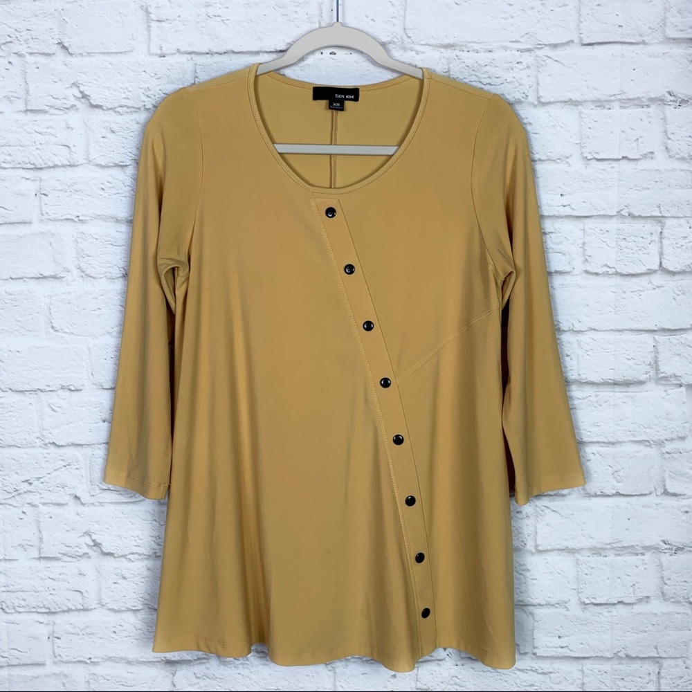Sun Kim Mustard Asymmetrical Button Tunic Top XS